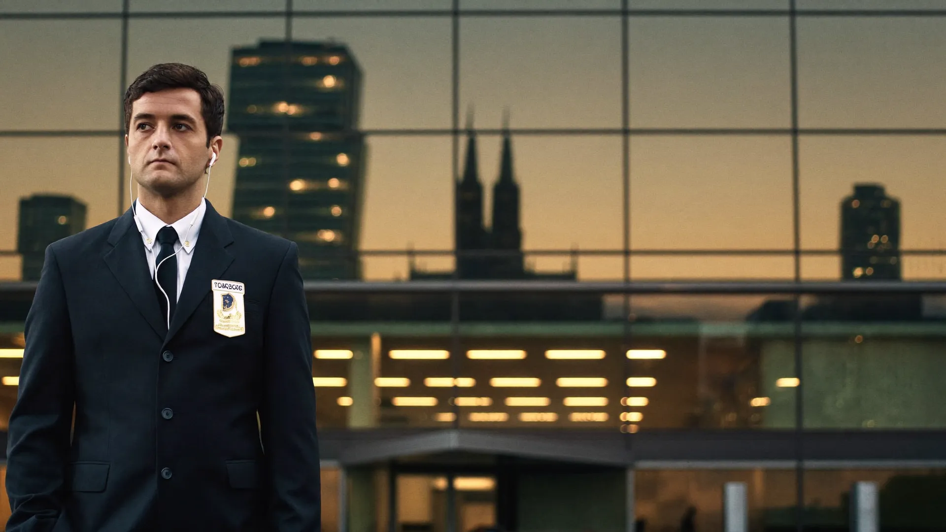 Sicherheitsmitarbeiter von EP Security Service vor einem Bürogebäude in Köln bei Abenddämmerung