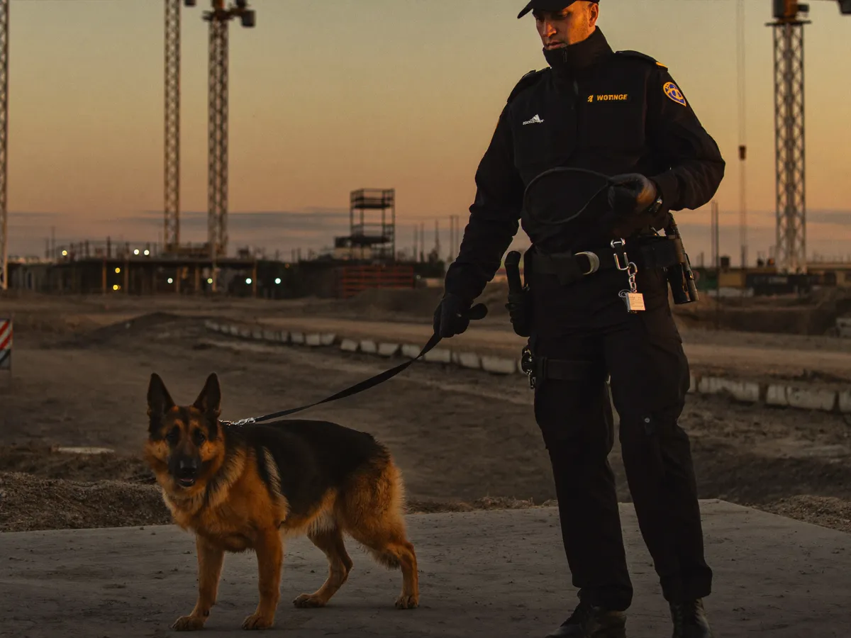 Hundeführer mit Diensthund bei der Bestreifung einer Baustelle in der Abenddämmerung