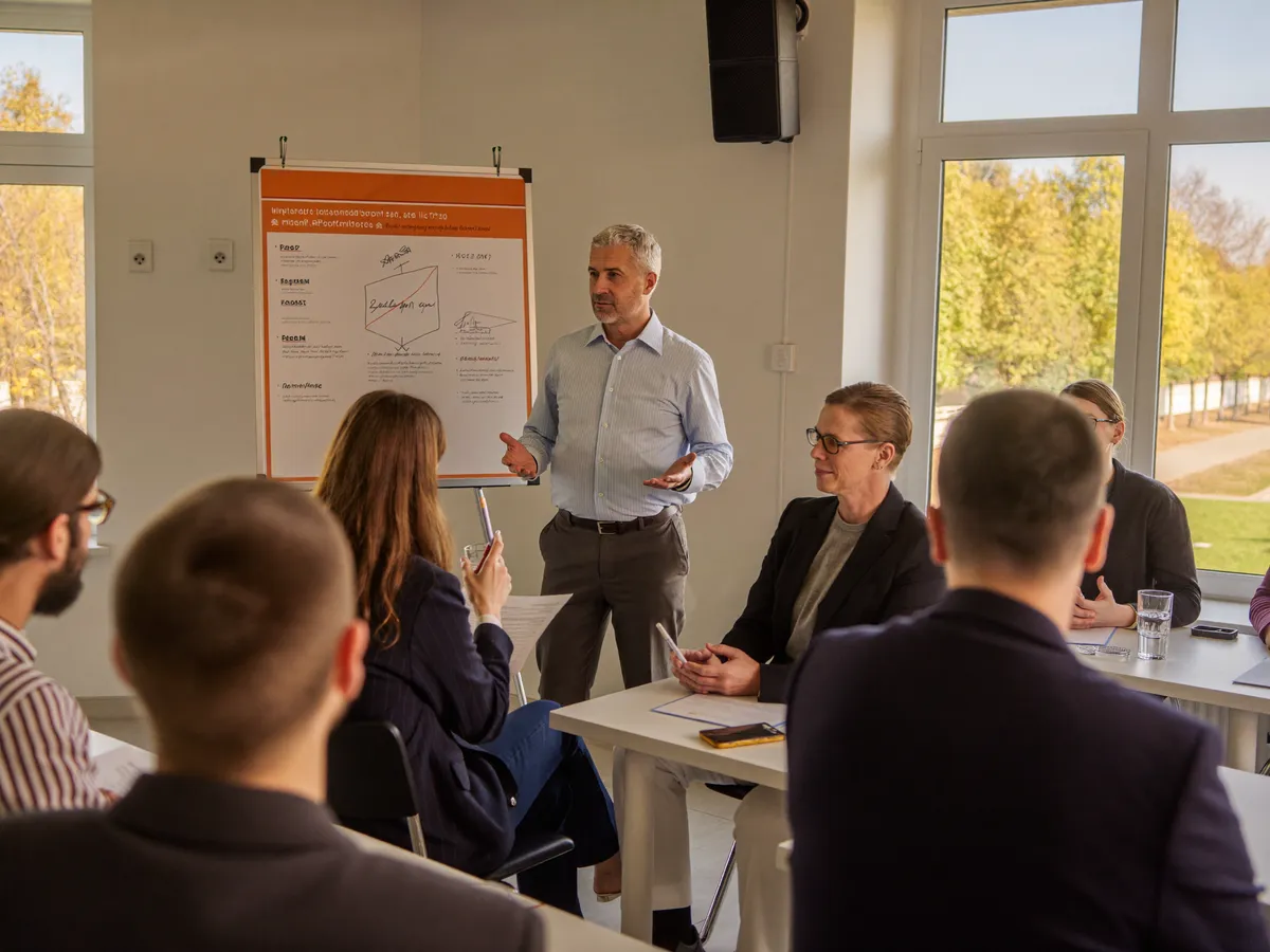 Schulung für Sicherheitsmitarbeitende im Seminarraum mit Trainer am Flipchart